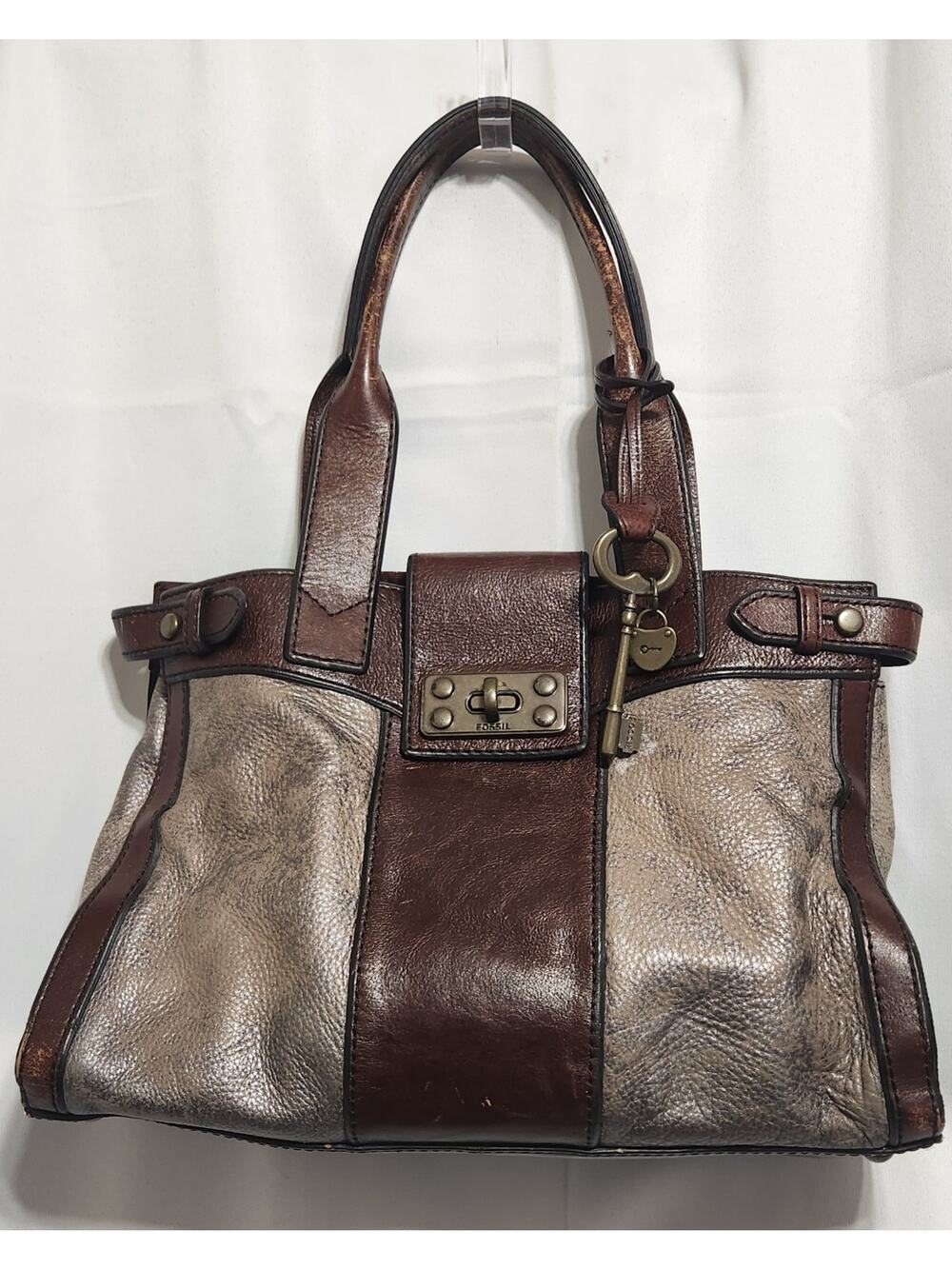Fossil Whiskey Brown/Gray Reissue Bag Distressed Leather Great Patina
